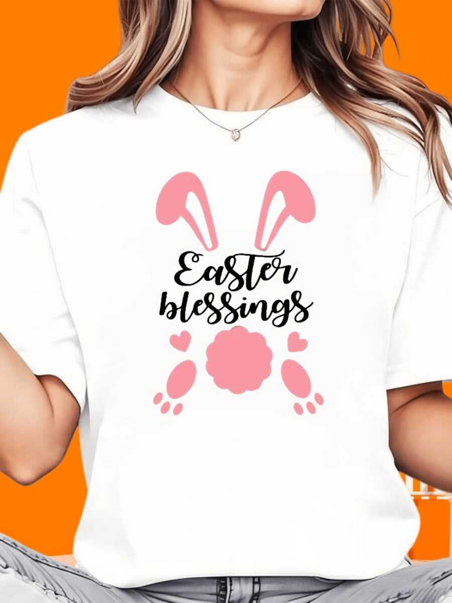 Blusas bonitas top algodón diseño pascua conejo estampado verano manga corta cuello redondo camiseta casual dama blusas para dama casuales - Blanco - Ver 1