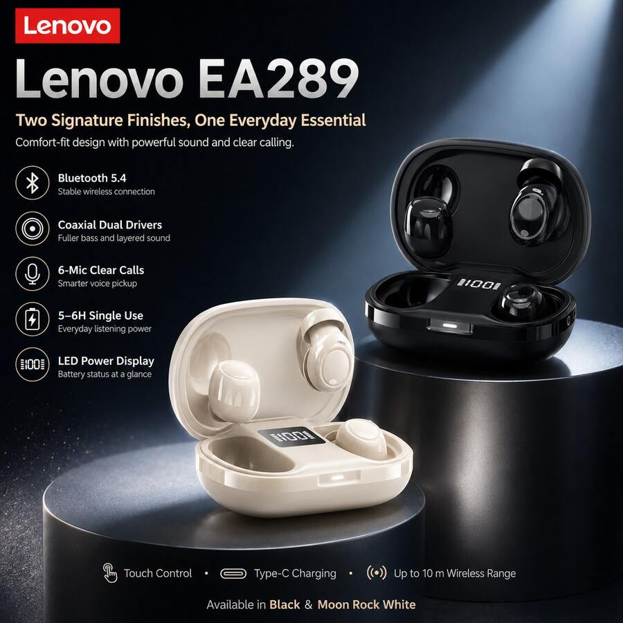 Lenovo EA289 True Wireless Bluetooth Earbuds, Bluetooth 5.4 In-Ear Headphones With LED Battery Display And Type-C Charging - View 1