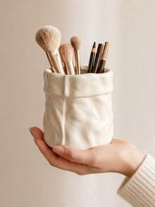 1pc Ins Cream Crinkled Paper Bag Ceramic Storage Cup, 3 Colors Peach Pink Cream White Gradient Green, Multi-Functional Makeup Brush Holder Pen Mini Dried Flower Vase, Aesthetic Decor For Vanity Desk Bathroom Sink Entryway Office Airbnb Home - Paper Bag Beauty Storage - View 4