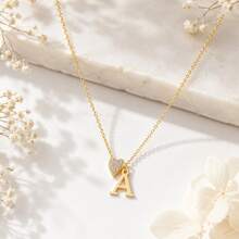 1pc New Classic Stainless Steel Letter Heart Chain Necklace For Women - Yellow Gold - View 3