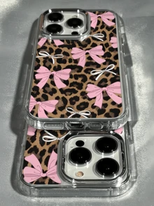 1pc Transparent Pink Butterfly Leopard Print Ribbon Personalized Minimalist Full Coverage TPU Shockproof Phone Case Compatible With Apple 17 16 15 14 13 12 11 Pro Max Air - Multicolor - View 2