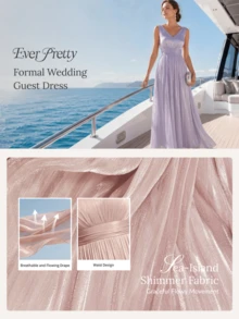 EVERPRETTY 優雅亮面無袖V領抓皺長款藍色伴娘洋裝,適合夏季海邊婚禮、度假、彩排、婚禮賓客 - 淺藍色 - 查看 6