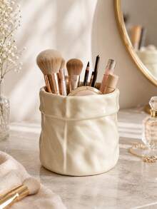 1pc Ins Cream Crinkled Paper Bag Ceramic Storage Cup, 3 Colors Peach Pink Cream White Gradient Green, Multi-Functional Makeup Brush Holder Pen Mini Dried Flower Vase, Aesthetic Decor For Vanity Desk Bathroom Sink Entryway Office Airbnb Home - Paper Bag Beauty Storage - View 3