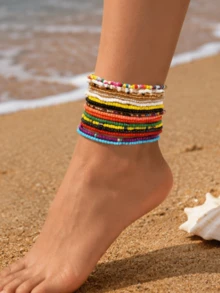Set Gelang Kaki Elastis Berwarna-warni Gaya Bohemian yang Indah dan Serbaguna, 5/10/30/100pcs/Set, Warna & Gaya Acak, Cocok untuk Pemakaian Sehari-hari Pria & Wanita, Hadiah Perhiasan Pantai yang Cantik - MultiWarna - View 8