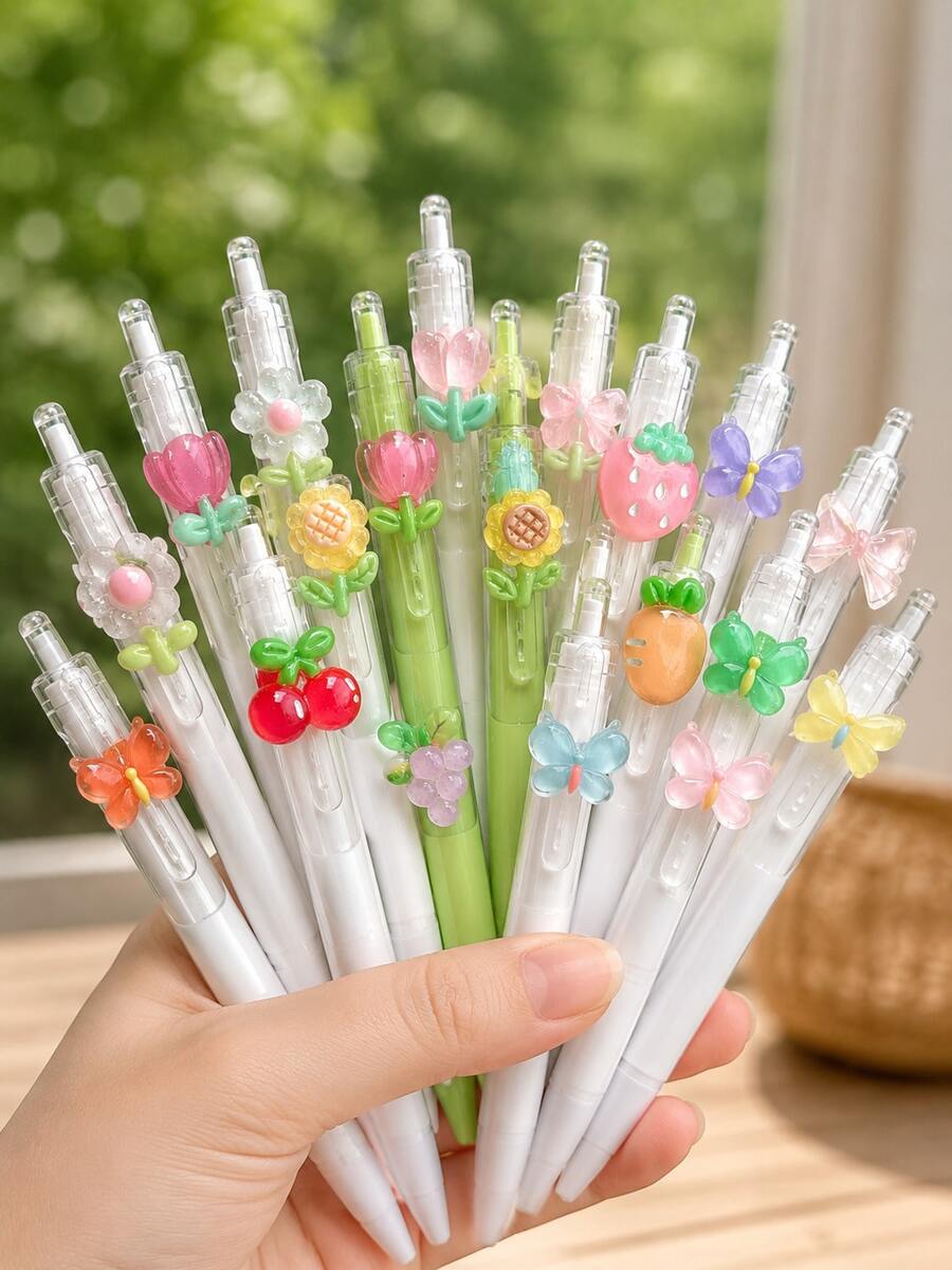 30/6/3/1pc Macaron Color Fruit Flower Butterfly Cute Pens, Japanese Style Cute High-Quality Plastic Retractable Round Barrel 3D Pendant Smooth Writing Stationery, Essential Back To School Gift For Girls And College Students - Multiple Styles - View 1
