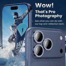 CASECOPS Blue Camera Screen Tempered Glass Protector, Compatible With IPhone 17 Pro Max/17 Pro, 9H Hardness, Matte Metallic Texture, Ultra-Thin Glass, With Diamond Decoration, Scratch-Resistant, Easy Installation, Anti-Glare, 3D Stereo, Full Screen Coverage Camera Protection, Suitable For Phone Cases - Blue - View 3
