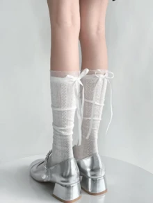 1/2/4/5/6 Pairs Spring/Summer Thin Sweet Versatile Ballet Style Bow Hollow Out Slouch Socks - Multicolor - View 1