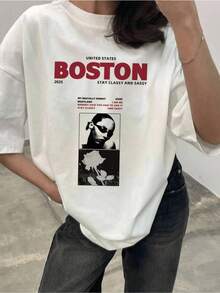 White Rose With Urban Photography And Modern Boston Lettering, Women's Casual Loose Elegant And Comfortable T-Shirt 2025 - 白色 - 查看 1