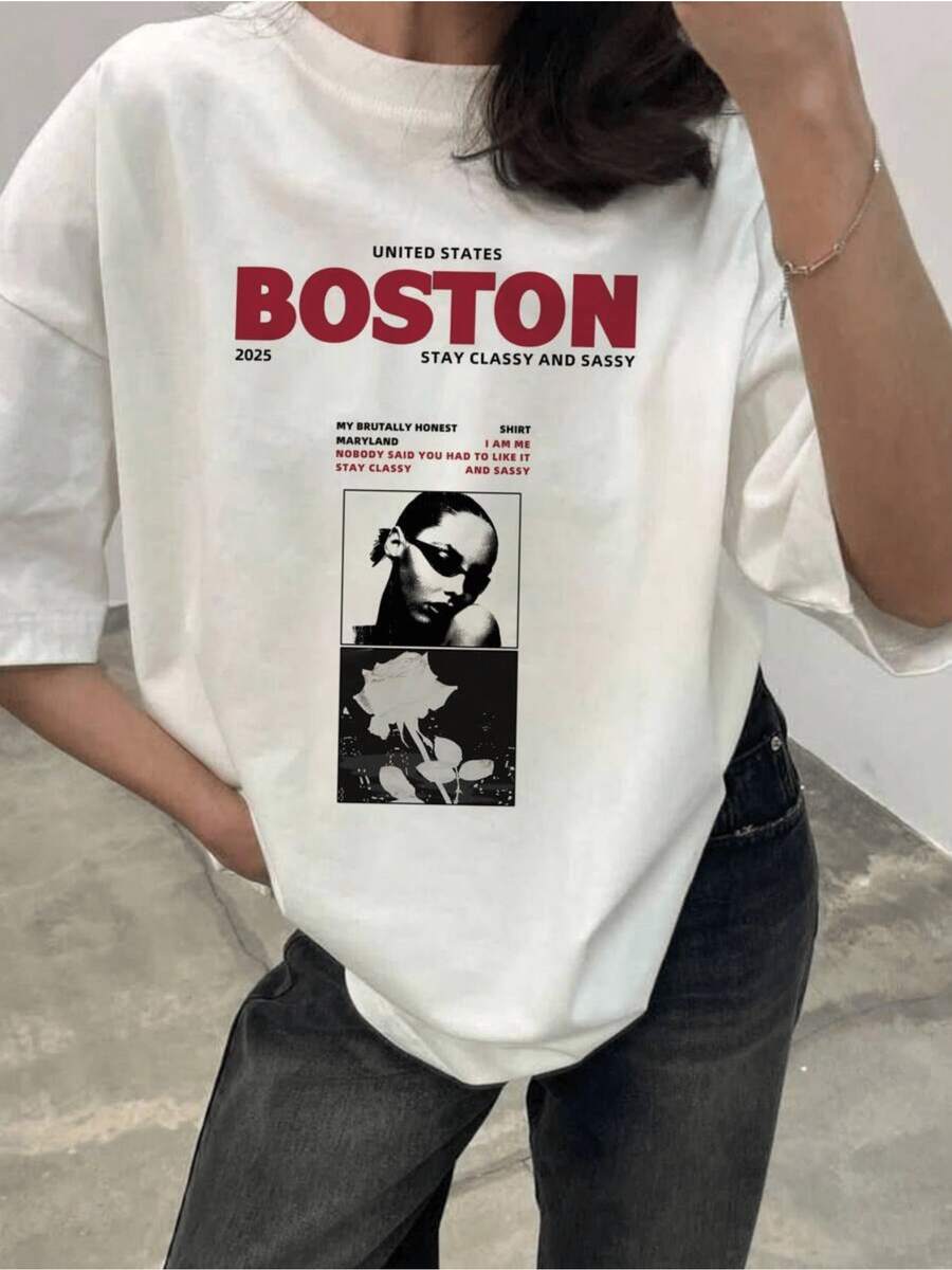 White Rose With Urban Photography And Modern Boston Lettering, Women's Casual Loose Elegant And Comfortable T-Shirt 2025 - 白色 - 查看 1
