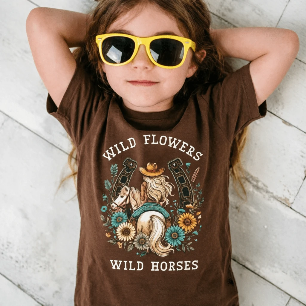 Summer 2026 Girls' Clothing, 1pc Fashionable Children's T-Shirt With Wildflower Graphic Print, Summer T-Shirt With Floral Wild Horse Personality In Black, White And Pink - 棕色 - 查看 1