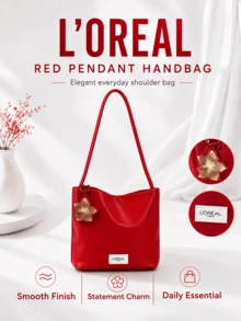 L’Oreal Paris L'Oreal 紅色吊飾手提包 8.5*8.5cm，花朵吊飾，柔軟布料，內部空間大，輕巧易清潔，適合個人使用與送禮 - 紅色 - 查看 2