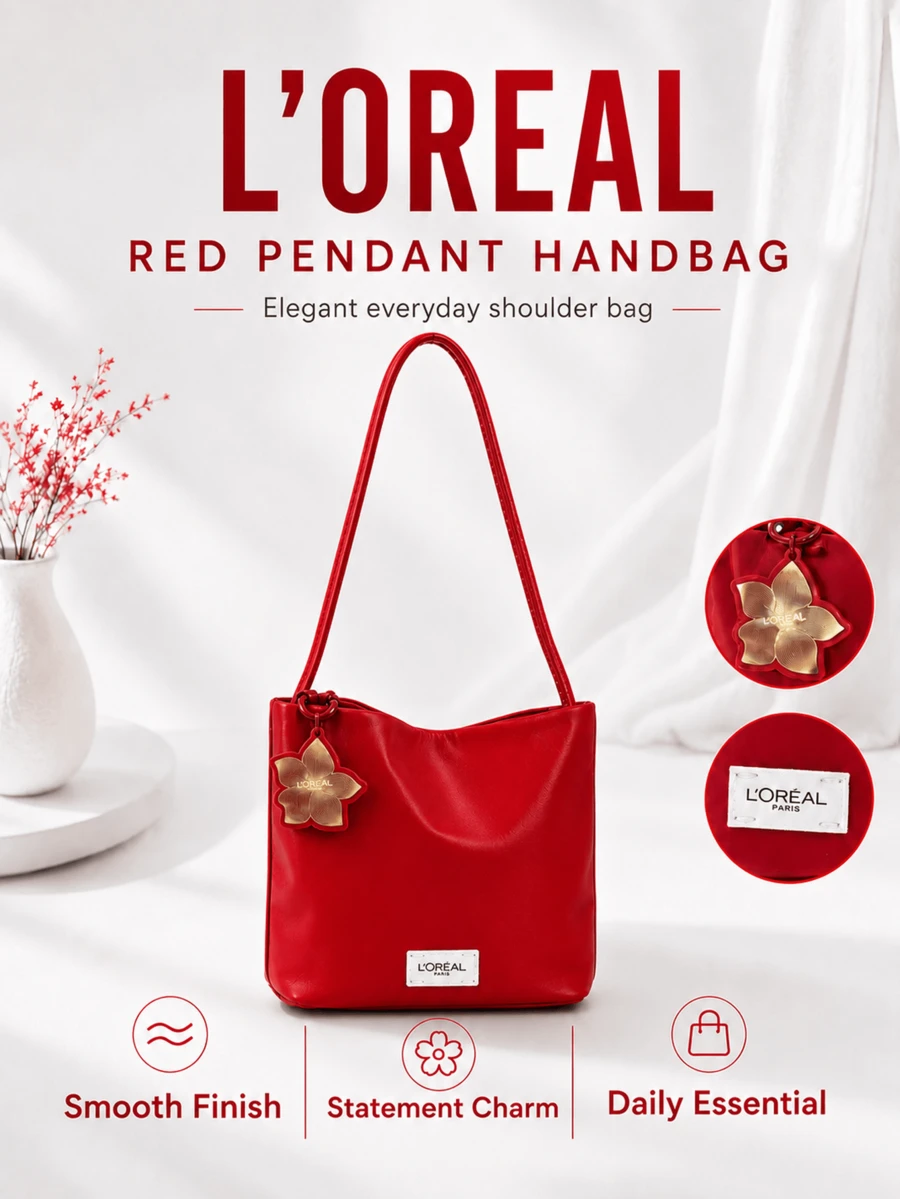 L’Oreal Paris L'Oreal 紅色吊飾手提包 8.5*8.5cm，花朵吊飾，柔軟布料，內部空間大，輕巧易清潔，適合個人使用與送禮