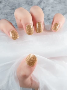 20 Pcs Gel Nail Wraps, Stickers, No UV Light Required, Salon Quality, Long Lasting ,20 Pieces Of New Solid Color Pink Nail Stickers, Cross-Border Simple Nail Polish Film, Nail Stickers, Waterproof, Japanese And Korean Nail Stickers For Manicure. - Gold - View 5