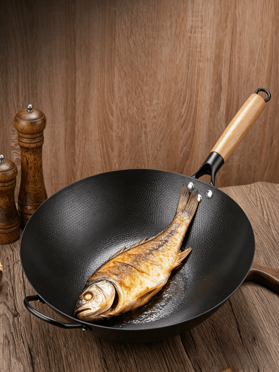 1 pièce Wok en fer raffiné de haute pureté avec poignée en bois massif résistant à la chaleur, poêle en fer pour la cuisine à haute température, compatible avec les cuisinières à gaz, plusieurs tailles disponibles.