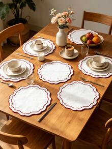 1-4pcs Red & White Contrast Color Placemats, French Luxury Linen Wavy Edge Waterproof Heat-Resistant Table Mats, Home Holiday Table Decor - Multicolor - View 5