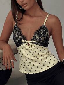 Women's Satin And Lace Top, Polka Dot Print Satin And Lace Blouse, Suitable For A Night Out, Beach Vacation, Casual Summer In White - 黃色 - 查看 1
