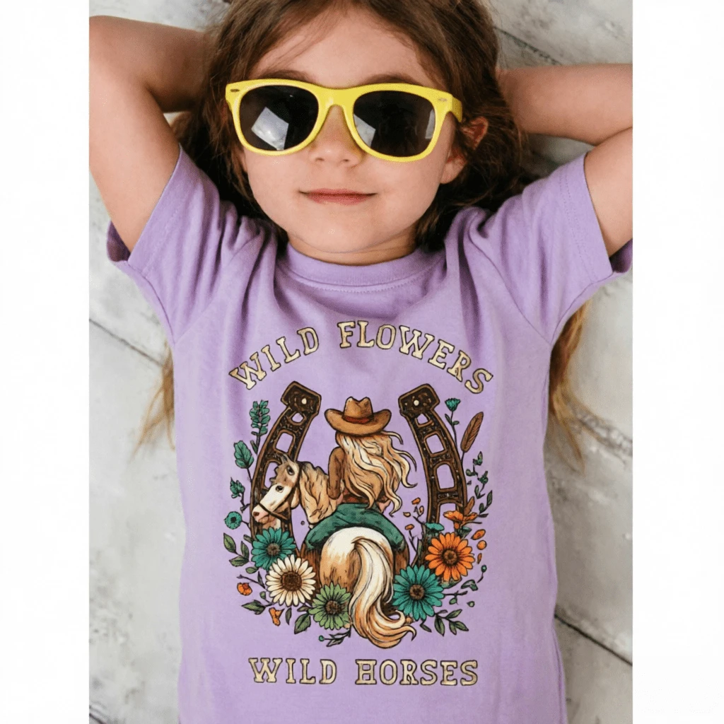 Summer 2026 Girls' Clothing, 1pc Fashionable Children's T-Shirt With Wildflower Graphic Print, Summer T-Shirt With Floral Wild Horse Personality In Black, White And Pink - 紫色 - 查看 1