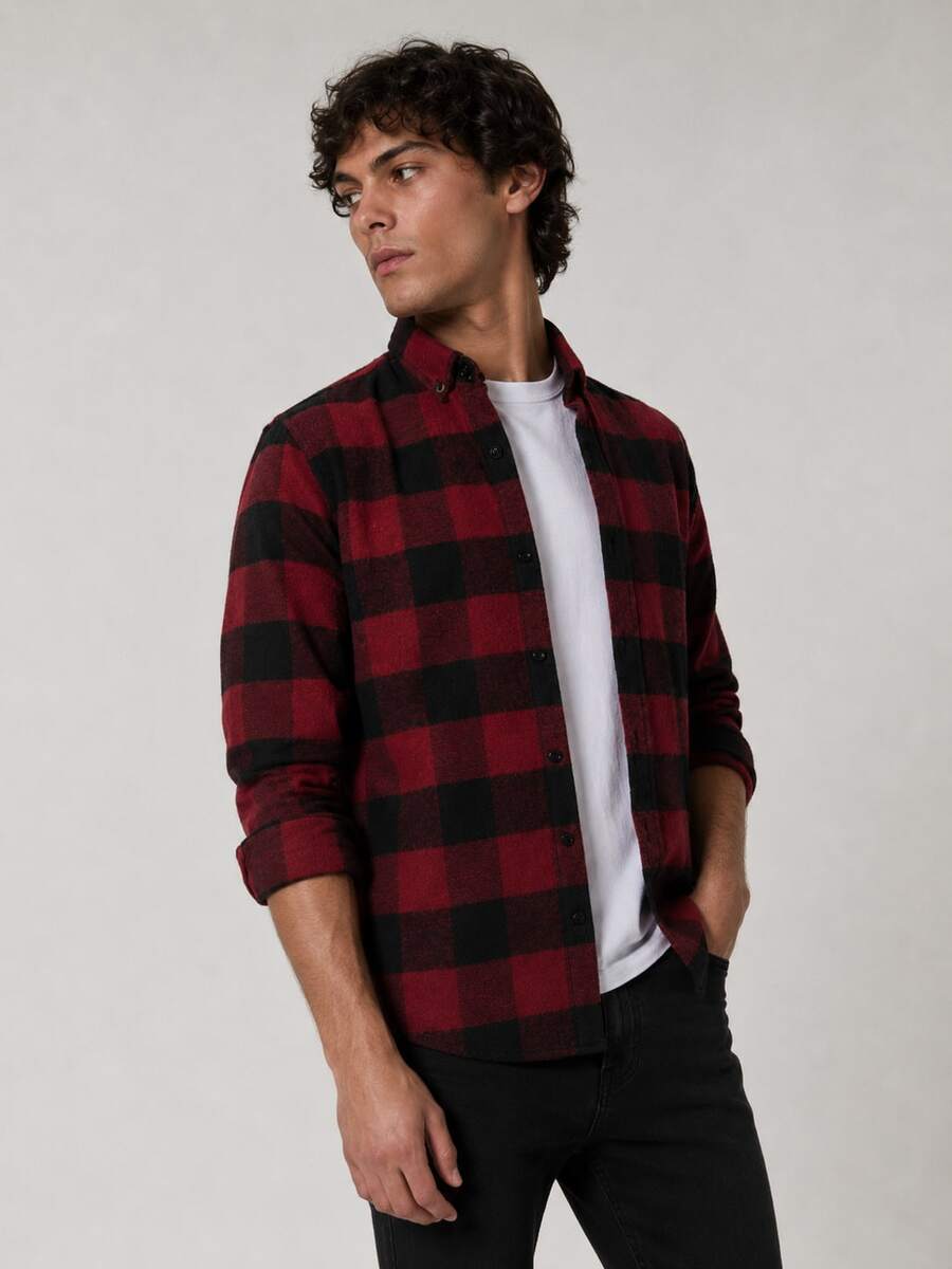 Textured Fabric, Checkered Pattern, Lumberjack Casual Shirt, No T-Shirt - Red and Black - View 1