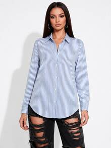Women's Long-Sleeved Striped Linen Shirt In Colorful And Vibrant Leopard Print. - Baby Blue - View 2