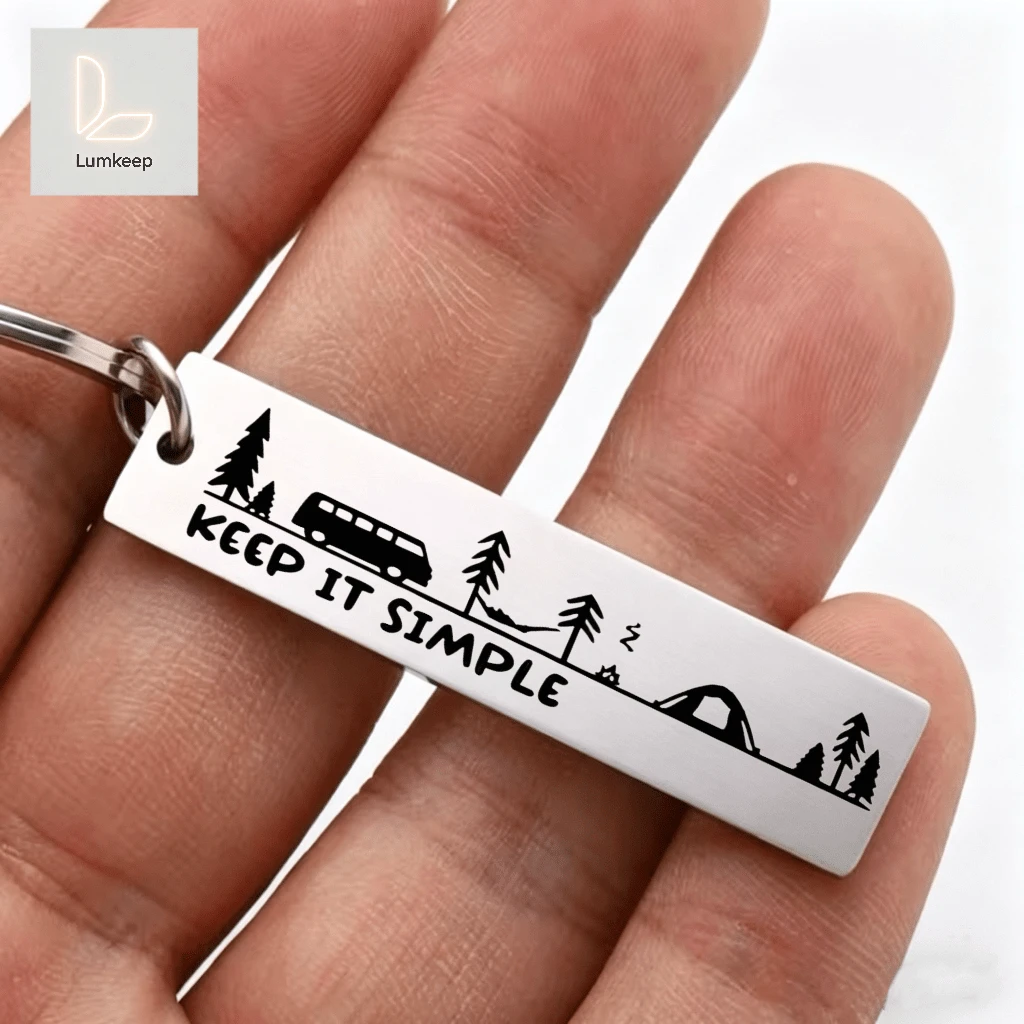 Camping Keychain "Keep It Simple" – Stainless Steel Van Camper Tent Forest Silhouette Pendant Adventure Lover Gift For Him, Her, Best Friends | Perfect For Outdoor Trips, RV Road Trips, Father's Day, Birthdays, Or Graduation Nature Aesthetic Jewelry - A - View 1