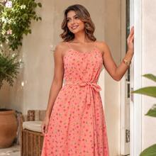 Women's Long Strap Dress | Crepe With Elastec L Flower I Off The Shoulder. - Coral Orange - View 3