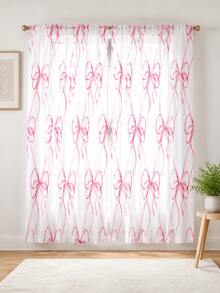 2pcs Watercolor Bow Ribbon Plaid Print Decorative Curtains, No-Drill Rod Pocket Design, Easy Installation And Removable, Polyester Material, Cream Color And French Style Girl Room Decor, Suitable For Bedroom, Office, Kitchen, Living Room, Study, Home Decoration. - Multicolor - View 14