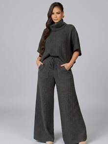 Conjunto Feminino De Tricô Mousse Ponto Fang Gola Alta Inverno - Chumbo - Visão 1