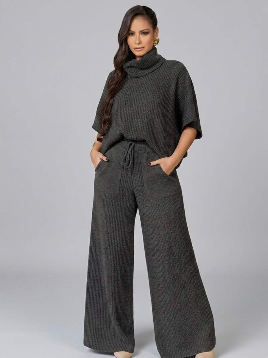 Conjunto Feminino De Tricô Mousse Ponto Fang Gola Alta Inverno - Chumbo - Visão 1