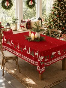 1 pieza Mantel rectangular rojo de Navidad, estampado de renos, copos de nieve, árbol de Navidad y acebo, estilo nórdico, decoración festiva para comedor y cocina, adecuado para cena de Navidad, reunión familiar, montaje de fiesta, mesa de comedor de la sala de estar, decoración del hogar, artículos esenciales de cocina - Multicolor - Ver 7