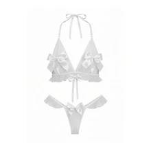 Conjunto Lingerie Sexy Marido Apressado Tule Com Laço Luxo Abertura Sensual - Branco - Visão 2