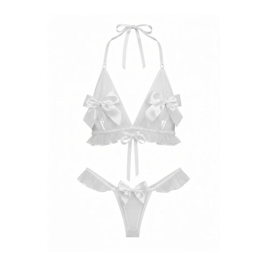 Conjunto Lingerie Sexy Marido Apressado Tule Com Laço Luxo Abertura Sensual