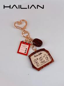 HAILIAN 1pc Coffee-Themed Bag Charm Keychain Featuring Coffee Bean & Coffee Menu Charms, Cute Heart Clasp, Ideal Gift For Back To School Season - Coffee Brown - View 1