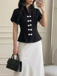 Damen Frühling/Sommer elegante neue chinesische Stil Froschknopf Stehkragen Kurzarm Bluse, Weiß Kontrast Froschknopf Schwarz - Schwarz - Übersicht 2