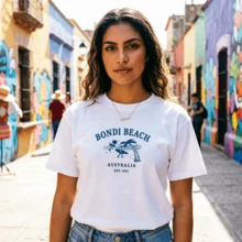 Women's White Cotton T-Shirt, Bondi Beach Australia Surf Vintage Print, Summer Top For Coastal Holidays - 白色 - 查看 2