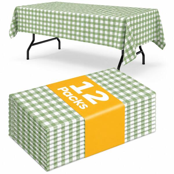 1/6/12PCS-137*274cm Sage Green And White Plastic Gingham Tablecloth, Decorative Disposable Sage Green Plaid Tablecloth, Rectangular Party Tablecloth For Picnic Farm Birthday Wedding