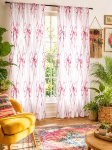 2pcs Watercolor Bow Ribbon Plaid Print Decorative Curtains, No-Drill Rod Pocket Design, Easy Installation And Removable, Polyester Material, Cream Color And French Style Girl Room Decor, Suitable For Bedroom, Office, Kitchen, Living Room, Study, Home Decoration. - Multicolor - View 8