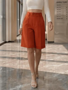 Women's Tailored Bermuda Shorts, High Waist, Elegant, Formal, Comfortable, Suitable For All Seasons, Chic Look - 鐵鏽紅 - 查看 1