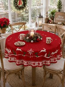 1 pieza Mantel rectangular rojo de Navidad, estampado de renos, copos de nieve, árbol de Navidad y acebo, estilo nórdico, decoración festiva para comedor y cocina, adecuado para cena de Navidad, reunión familiar, montaje de fiesta, mesa de comedor de la sala de estar, decoración del hogar, artículos esenciales de cocina - Multicolor - Ver 17