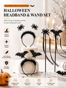 Halloween Bat Magic Wand Set With Spider Headband, Party Costume Props, Holiday Magic Wand, Perfect For Trick Or Treat, Costume Parties, And Decorations - Multicolor - View 1
