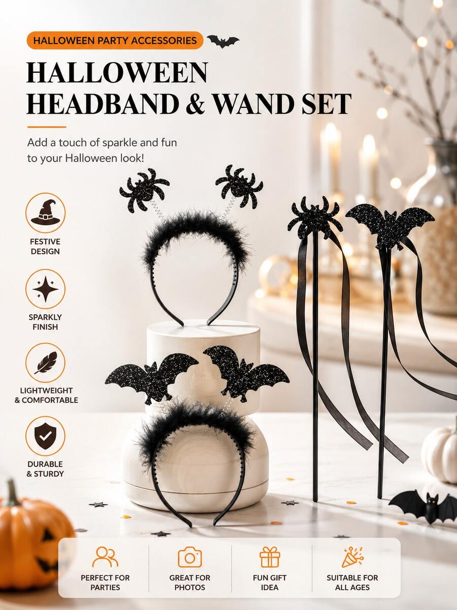 Halloween Bat Magic Wand Set With Spider Headband, Party Costume Props, Holiday Magic Wand, Perfect For Trick Or Treat, Costume Parties, And Decorations - Multicolor - View 1