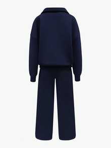 Youth Girl Letter Pattern Embroidered Half-Zip Stand Collar Sweatshirt And Pants - Royal Blue - View 2