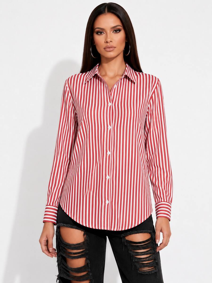 Women's Long-Sleeved Striped Linen Shirt In Colorful And Vibrant Leopard Print. - Red - View 1