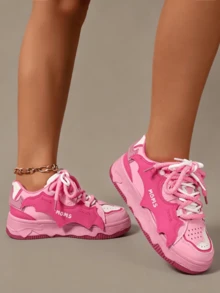 Women's Lace Up Shoes, Round Toe Thick Soled Shoes, European And American Style Sports Shoes, Fashionable Sports Shoes, Color Matching Sports Shoes - 玫瑰紅 - 查看 11