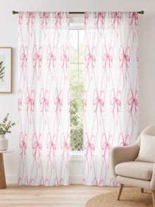 2pcs Watercolor Bow Ribbon Plaid Print Decorative Curtains, No-Drill Rod Pocket Design, Easy Installation And Removable, Polyester Material, Cream Color And French Style Girl Room Decor, Suitable For Bedroom, Office, Kitchen, Living Room, Study, Home Decoration. - Multicolor - View 1
