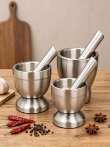 1 Set Stainless Steel Mortar And Pestle With Non-Slip Base, Spice Grinder, Kitchen Utensil, Multi-Function Crusher, Suitable For Garlic, Chili And Pepper - Silver - View 8