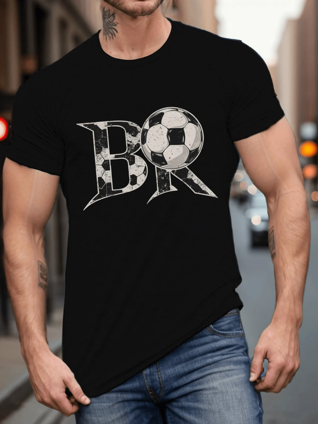 Soccer Ball Combined With BR Lettering, Symbol Of Sporting Passion And Modern Energy, Comfortable Urban Casual Men's T-Shirt - Hitam - View 1