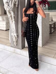 Women's All-Over Print Halter Neck Open Front Elegant Cinched Waist Ball Gown Dress - Black - View 3