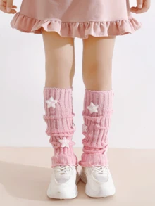 2 Pairs Girls Gentle Pink & White Star Sequin Ruffle Leg Warmers, Vertical Ribbed Knit Children's Long Leg Warmers, Sweet Style Daily Outfit Decorative Leg Covers - Multicolor - View 2