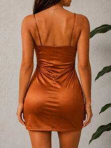 Satin Mini Dress With Straps, Neckline, And Fitted Fit - Copper - View 4