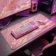 Pink Marble Pattern Gaming Mouse Pad, Gold Extended Desk Mat, Stitched Edge Design, Non-Slip Rubber Base, Suitable For Home Office Decor, Size 35.4x15.7 Inches, Ideal Gift For Men, Women, Friends, And Back To School Season. Gaming Mouse Pad, Desk Accessories, Office Supplies, Desk Accessories, Desk Mouse Pad. - Pink - View 10